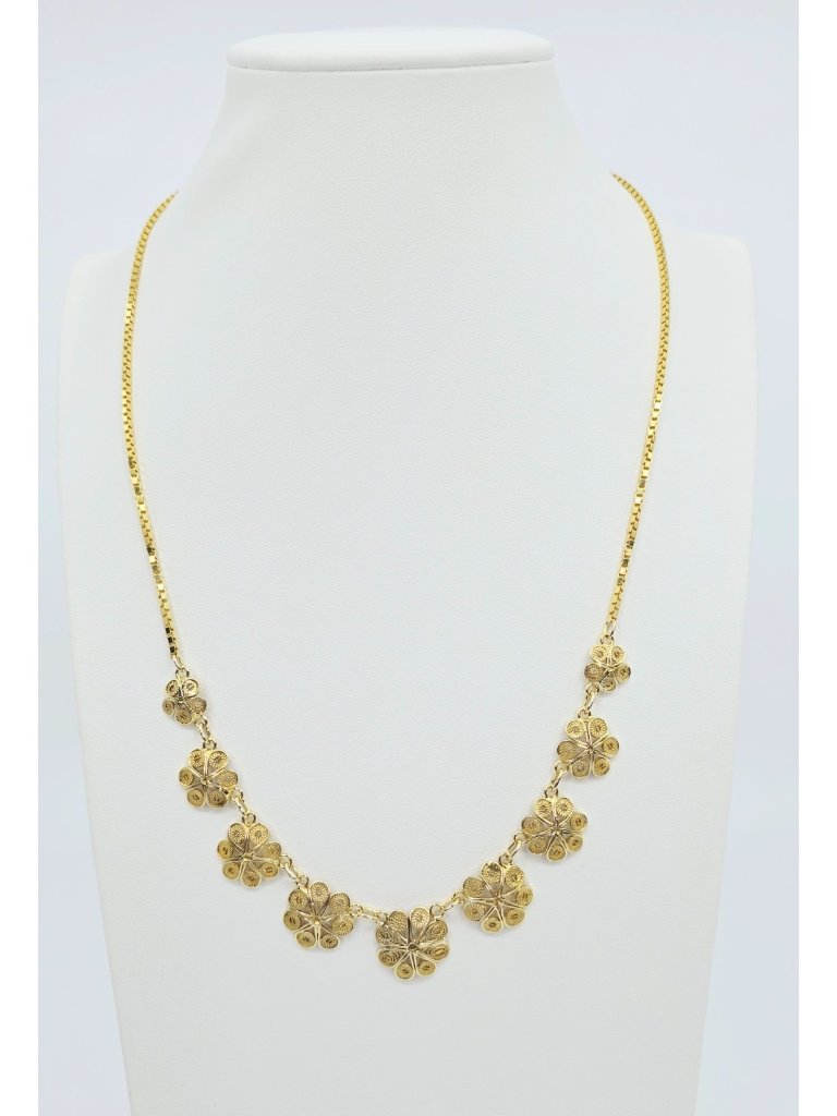 Unique 14k Solid Yellow Gold Designer Box Link Graduated Flower Chain Necklace